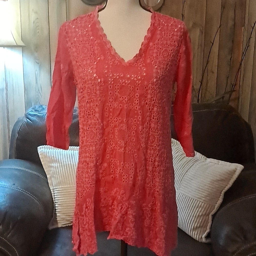 Johnny Was Pink V Neck Eyelet Tunic Top Dress Cottagecore Boho Embroidered